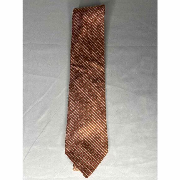 Tommy Hilfiger Mens Tie Orange Cream Grid Check 100% Silk Clip On Pointed Formal - Picture 1 of 7